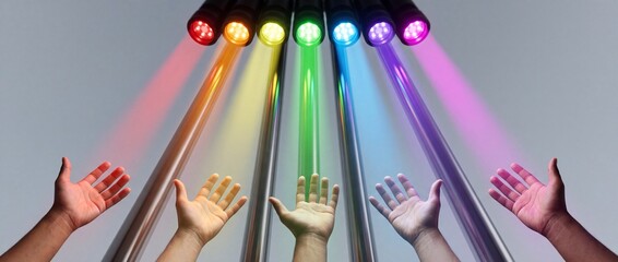 Fototapeta premium Conceptual wide-angle shot of human hands reaching out toward vibrant rainbow-colored LED light beams against a neutral background, symbolizing hope, diversity, unity, and creative inspiration.
