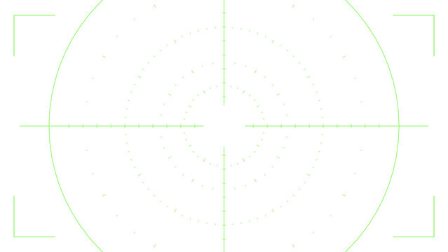 Green circular targeting reticle with crosshair and corner brackets for video game hud or tactical display.