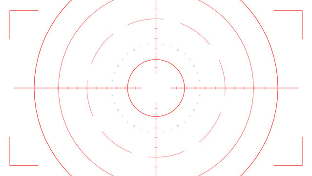 Red circular hud targeting scope with crosshair and corner frames for game interface design elements.