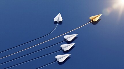 Fototapeta premium Golden paper plane leading a group of white paper airplanes on a blue background representing leadership, innovation, unique business strategy, successful commercial upgrade, and vision.