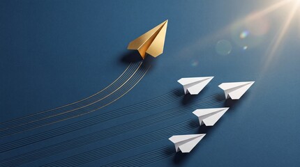 Fototapeta premium Golden paper plane flying up and leading a group of white paper planes on blue background. Concept of leadership, business success, innovation, being unique, and premium growth strategy.