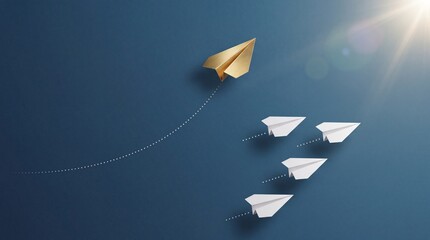 Fototapeta premium Golden paper plane flying in a different direction from white planes group on blue background, representing leadership, premium business growth, unique success, innovation, and career path.