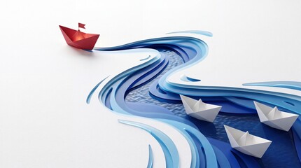 Fototapeta premium Conceptual Image of Leadership and Unique Vision Represented by a Red Paper Boat Leading White Origami Boats Through a Stylized Layered Paper Cut Blue Sea and Waves on a Clean White Background