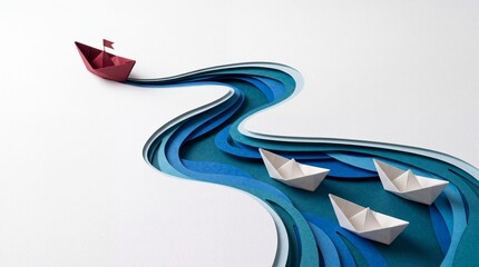 Fototapeta premium Red Paper Boat Leading Others on Blue Wavy River Cutout Art, Conceptual Image for Business Leadership, Visionary Management, Team Direction and Success Strategy on White Background