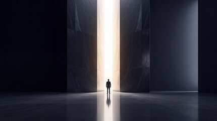 Fototapeta premium Silhouette of a businessman standing in front of a giant opening between massive marble walls with bright light shining through, representing corporate success, new opportunities, and future vision.
