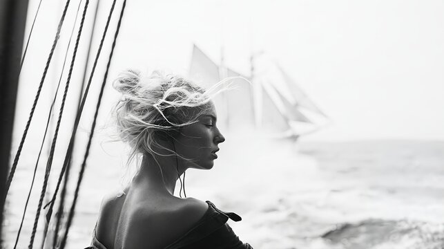 Jeune femme au profil serein face &agrave; la mer avec un voilier en arri&egrave;re-plan