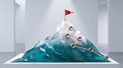 Fototapeta premium Conceptual 3D Illustration of a Mountain Sculpture with a Glowing Path and Gold Milestones Leading to a Red Flag at the Summit, Symbolizing Business Growth, Success, and Strategic Goal Achievement