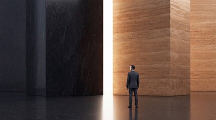 Fototapeta premium A masked businessman in a suit stands between massive stone monoliths facing a bright glowing gateway, representing premium commercial growth, strategic choices, and the future of corporate identity.