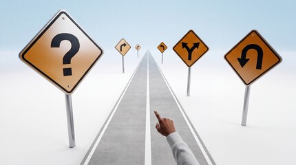 Fototapeta premium Conceptual perspective view of a long asphalt road with multiple yellow traffic signs showing question marks and directional arrows, symbolizing business strategy, life choices and direction.