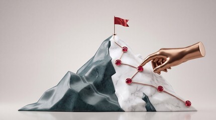 Fototapeta premium Business Strategy and Growth Concept Represented by a Golden Hand Tracing a Path with Red Jewels on a Marble Mountain Towards a Success Flag for Premium Commercial Upgrade and Achievement