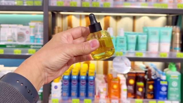 Hand Holding Hair Care Product in Front of Shelves in Cosmetics Store &ndash; Choosing Hair Treatment in Beauty Shop