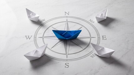 Fototapeta premium Blue paper boat standing out on a compass rose symbol surrounded by white paper boats, representing leadership, strategic business direction, vision, guidance, and finding the right path.