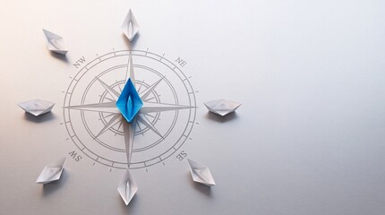 Fototapeta premium Blue Origami Paper Boat on a Compass Rose Symbolizing Leadership, Unique Business Strategy, and Premium Commercial Direction with White Boats as Followers on a Clean Professional Background
