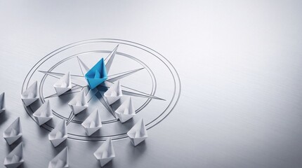 Fototapeta premium Blue Paper Boat Leading a Fleet of White Boats on a Metallic Compass Rose Surface, Representing Leadership, Business Strategy, Corporate Guidance, Innovation, and Strategic Direction.