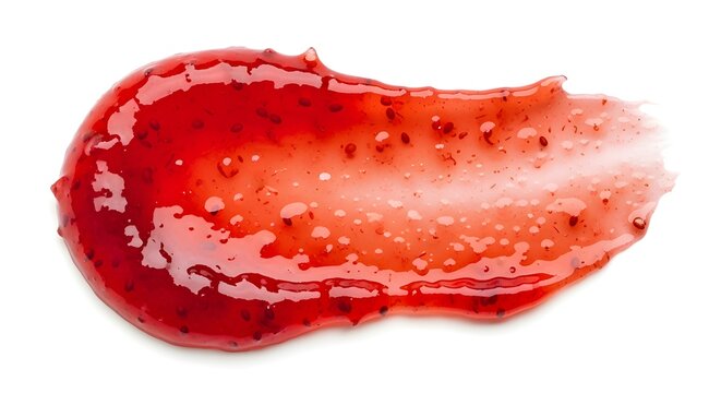 A creatively enhanced rephrasing of hyper-realistic strawberry jam smear with glossy red shine and seed details, isolated white, depicted with richer detail and a more artistic presentation.