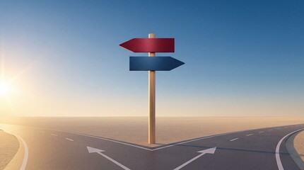 Fototapeta premium Strategic Business Decision Concept Featuring a Wooden Signpost with Red and Blue Arrows at a Fork in the Road in a Vast Desert Landscape During Sunrise for Commercial Growth and Premium Upgrades