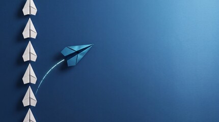 Fototapeta premium Leadership and Innovation Concept with a Blue Paper Airplane Breaking Away from a Row of White Planes on a Blue Background, Symbolizing Business Growth, Uniqueness, Creative Strategy, and Success.