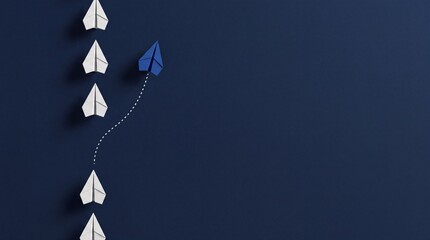 Fototapeta premium Blue Paper Plane Changing Direction from White Group on Navy Background Representing Business Innovation, Premium Growth, Success, Leadership and Unique Strategy for Corporate Excellence