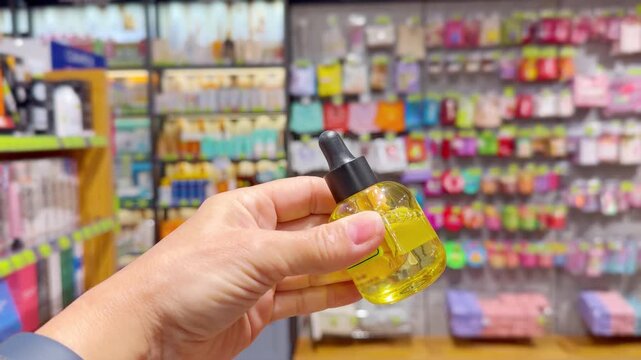 Hand Holding Hair Care Product in Front of Shelves in Cosmetics Store &ndash; Choosing Hair Treatment in Beauty Shop