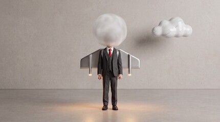 Fototapeta premium Conceptual image of a businessman wearing a metallic jetpack with his head obscured by a fluffy cloud, representing corporate innovation, creative vision, ambition, and professional growth.