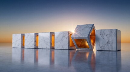 Fototapeta premium Abstract Conceptual Imagery of Premium White Marble Cubes with Glowing Gold Interiors Standing in a Row During Sunset Symbolizing Commercial Upgrade, Business Innovation, and High-End Luxury Success