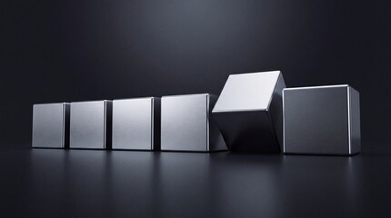 Fototapeta premium Abstract 3D Illustration of Premium Metallic Silver Cubes in a Row on a Dark Reflective Surface with One Cube Tilted Representing Innovation Business Upgrade and Standing Out from the Crowd
