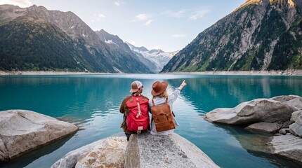 Fototapeta premium Young adventurous couple with backpacks sitting on a rock and pointing at a stunning turquoise alpine lake surrounded by majestic snow-capped mountains during a summer hiking trip in the Alps