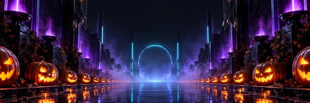 Neon Halloween tunnel with glowing pumpkins and futuristic portal, website banner with copy space