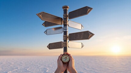 Fototapeta premium Hands holding a vintage compass in front of a multi-directional blank signpost on a vast salt flat at sunset, symbolizing decision-making, navigation, business strategy, and choosing the right path.