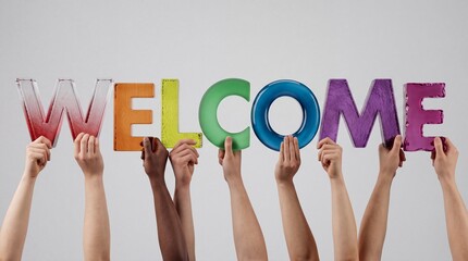 Fototapeta premium Diverse Group of People with Different Skin Tones Holding Up Large Colorful 3D Letters Spelling the Word Welcome Against a Neutral Background, Concept of Hospitality, Inclusion and Greeting