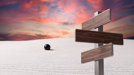 Fototapeta premium Strategic Choice and Direction Concept Featuring a Blank Wooden Signpost in a Minimalist Zen Garden with Raked White Sand and Dramatic Sunset Sky for Business Navigation and Decision Making.
