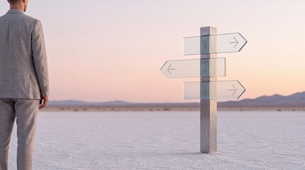 Fototapeta premium Professional businessman in a suit standing in a vast salt flat desert looking at a modern glass signpost with directional arrows, symbol of business decision making and choosing future career paths.