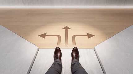 Fototapeta premium First-person perspective of a businessman in brown leather shoes standing before three directional arrows on a wooden floor, representing strategic decision making and career path choices.