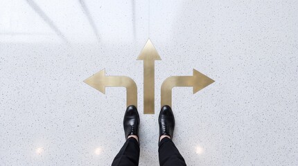Fototapeta premium Businessman standing at a crossroads with three golden directional arrows on the floor, representing multiple choices, career paths, and strategic decision making in a premium office setting.