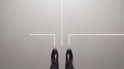 Fototapeta premium High Angle View of a Businessman Standing at a Luminous Crossroad on a Concrete Floor, Symbolizing Career Path Decisions, Strategic Business Choices, and Premium Commercial Growth Opportunities.
