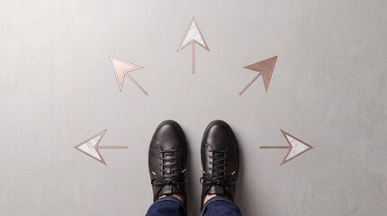 Fototapeta premium Overhead View of Person in Black Leather Sneakers Standing on Concrete Floor with Multiple Metallic Rose Gold Arrows Pointing in Different Directions, Concept of Decision Making and Choosing Path
