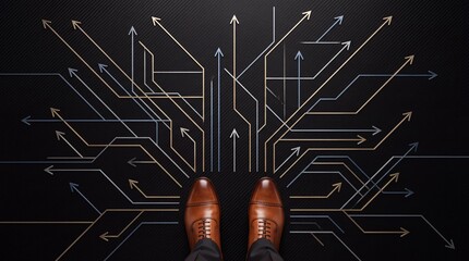 Fototapeta premium Businessman standing at a crossroads of glowing digital arrows representing multiple career paths, financial growth, strategic commercial opportunities, and future direction for premium success.