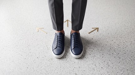 Fototapeta premium Professional person in blue leather sneakers standing at a crossroads with gold arrows on the floor, symbolizing business decision making, career direction choice, and strategic path planning.