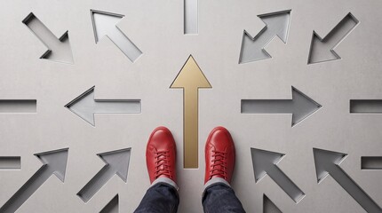 Fototapeta premium Top view of a person wearing red sneakers standing on a gray textured surface with many arrows pointing in various directions, highlighting a central golden arrow for success and leadership.