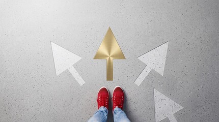 Fototapeta premium Person standing in red sneakers choosing a golden upward arrow path among grey direction symbols on a concrete background, representing premium commercial growth and successful decision making.