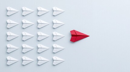 Fototapeta premium Red Paper Airplane Leading a Bulk Group of White Origami Planes in Top Down Overhead View, Symbolic of Leadership, Business Innovation, Standing Out from the Crowd, and Corporate Success