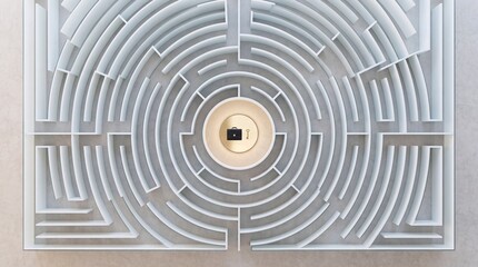 Fototapeta premium Top view of a complex circular white labyrinth maze with a briefcase and a key in the illuminated center, symbolizing business strategy, problem solving, career success, and finding solutions.