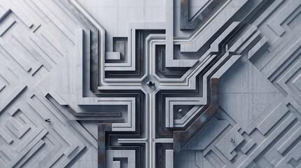 Fototapeta premium Top down overhead view of a complex architectural concrete labyrinth with miniature people navigating intricate paths representing business strategy, problem solving and urban complexity