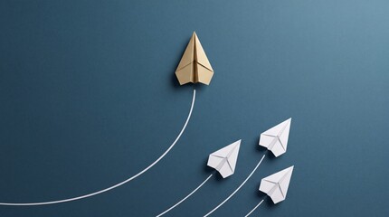 Fototapeta premium Gold Paper Plane Leading White Planes on Blue Background, Top Down Overhead View Representing Leadership, Success, Unique Business Vision, Innovation, and Growth Strategy Concept
