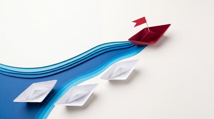 Fototapeta premium Minimalist overhead view of a red origami boat leading white paper boats on blue waves, symbolizing leadership, business strategy, unique vision, and competition success in professional context.