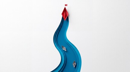 Fototapeta premium Leadership and Vision Concept with a Unique Red Paper Boat Leading Others Along a Winding Blue River Path, Overhead Top Down View of Success, Direction, and Business Strategy on White Background
