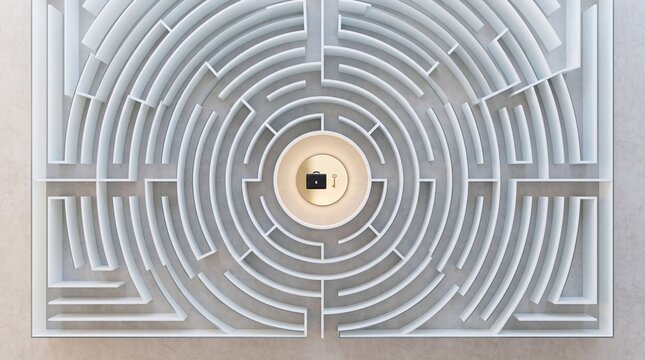 Top view of a complex circular white labyrinth maze with a briefcase and a key in the illuminated center, symbolizing business strategy, problem solving, career success, and finding solutions.