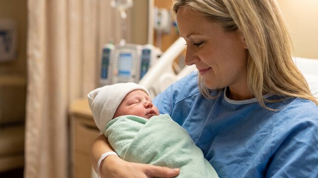 Loving Mother Gently Embracing Her Newborn Baby in a Hospital Maternity Ward Room