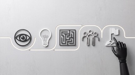 Fototapeta premium Artificial Intelligence Robot Hand Touching Success Flag Icon in a Strategic Business Process Sequence including Vision Idea Problem Solving and Teamwork on Grey Wall Backdrop