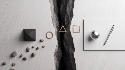 Fototapeta premium Top down minimalist view of golden geometric shapes and a black pyramid on a cracked stone surface with a pen and chrome sphere, symbolizing business strategy and conceptual design.